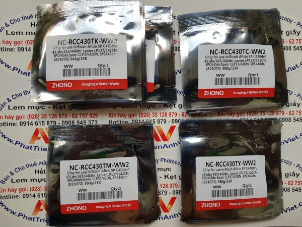Zhono NC-RCC430TK-CMY-WW2-Chíp reset mực máy in màu Ricoh Aficio SP C430dn 431dn 435 C440dn Lanier LP137 142CN SP C440dn Savin CLP37 42dn SPC440dn 821070 821071 821072 821073 